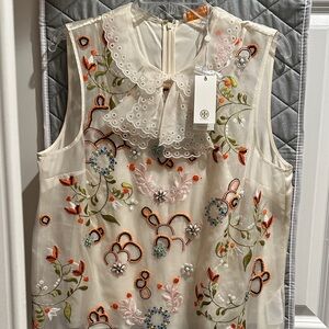 Tory Burch Ivory Sleeveless Embroidered Ruffle-Neck Blouse